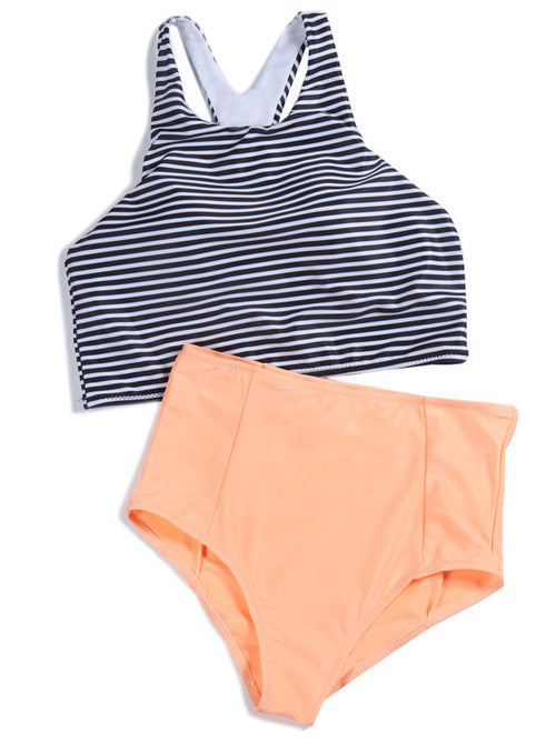 Stripes and High Waist Bikini Two Piece Suit - WealFeel